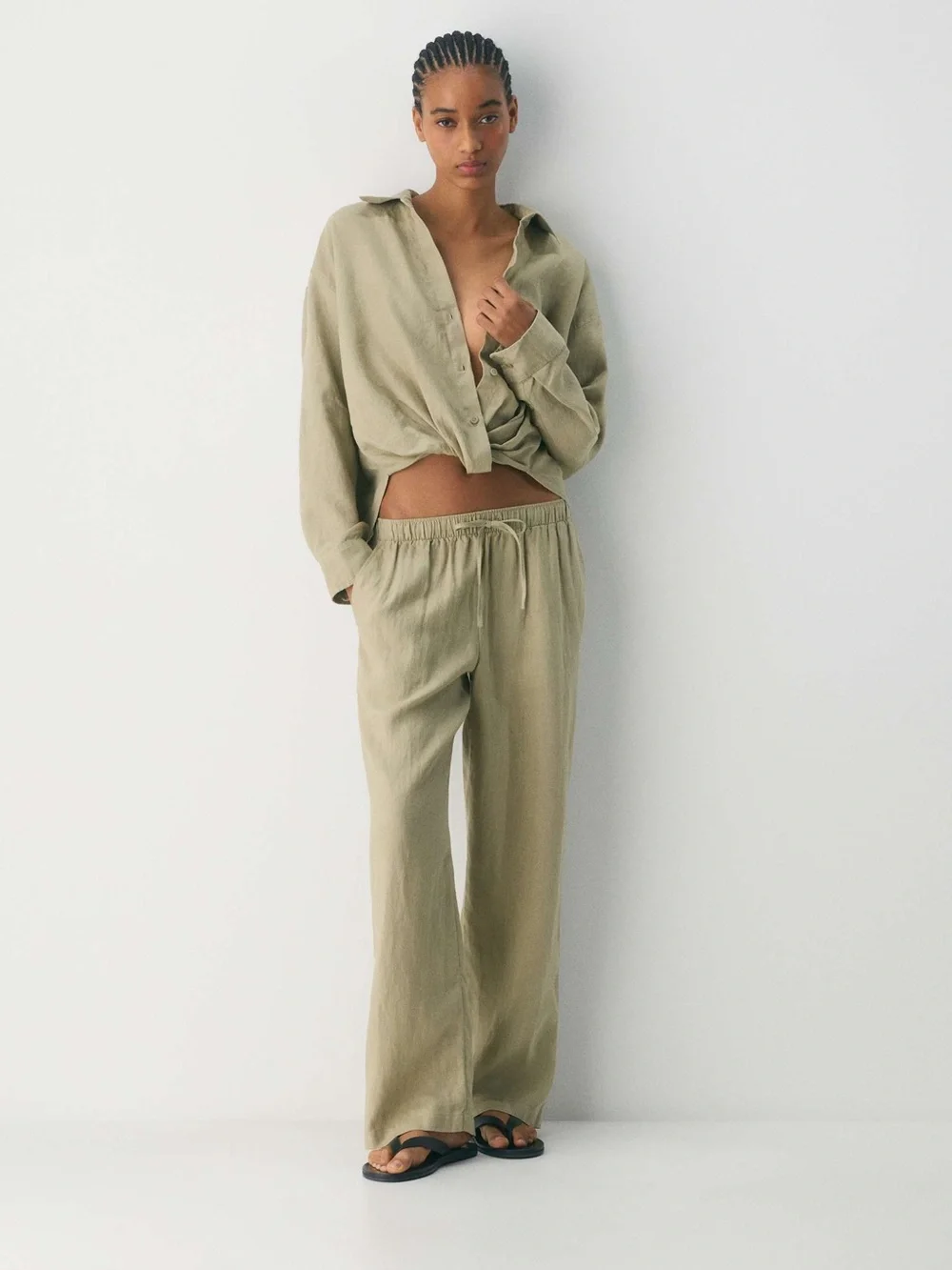Little Moon Aritzia Sail Linen Pant Martini Olive Wide Leg Bottoms Drawstring